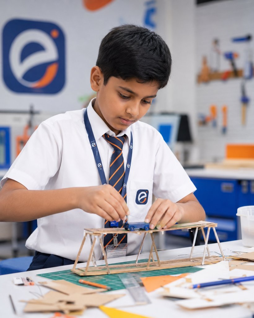 Experia Gurukul student building a bridge model